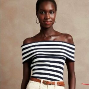 Banana Republic Factory Navy and White Off-Shoulder Tank Top